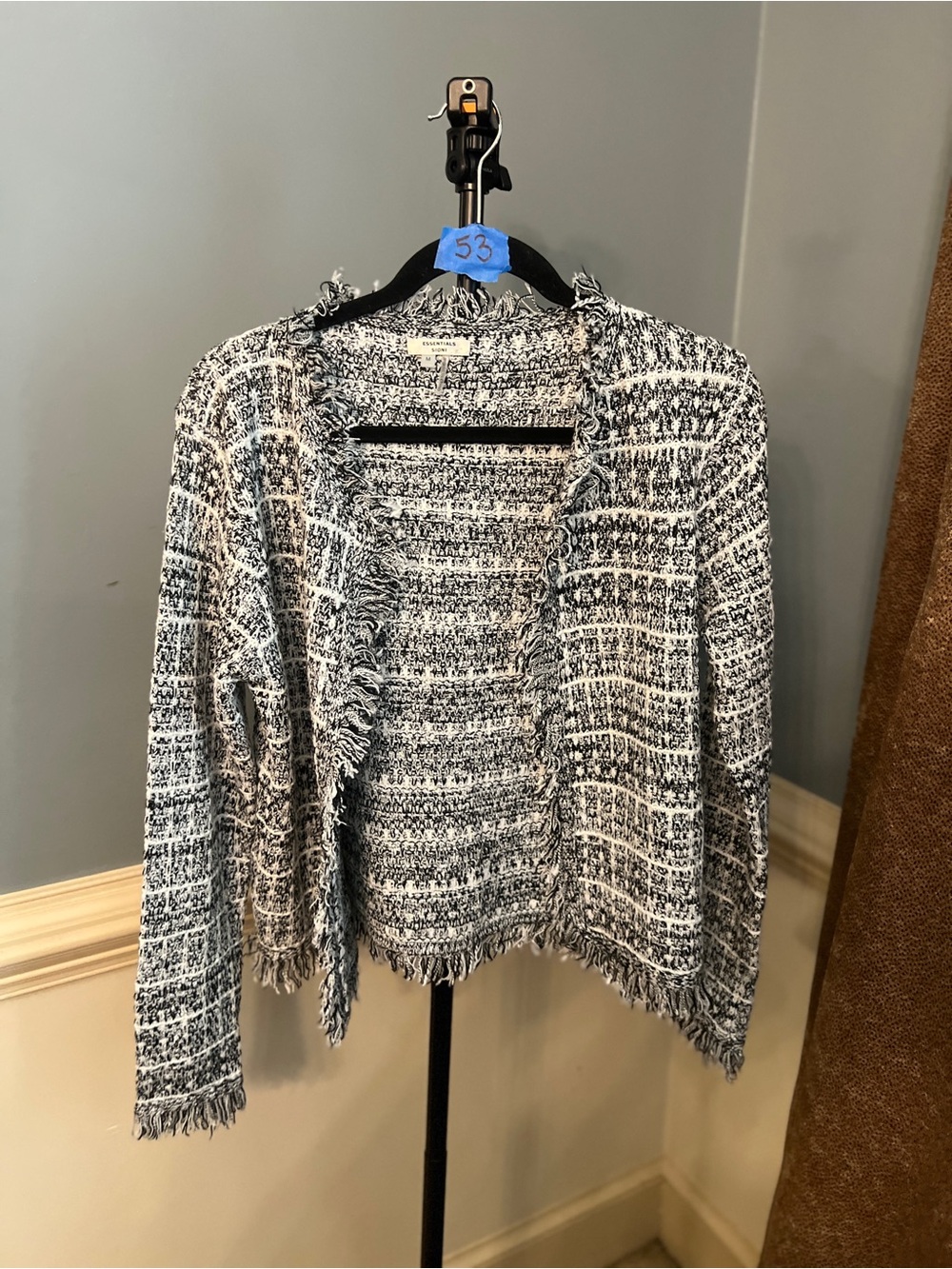 Essentials Black & White Frayed Open-Front Knit Cardigan